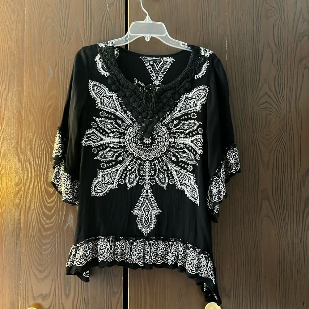 Greater Good Boho sleeved black top. Size S/M